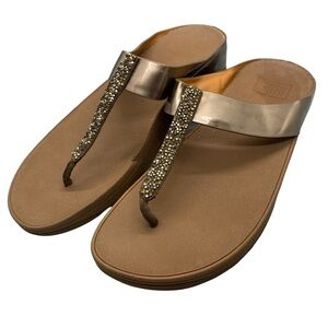 Fitflop Fino Toe-Post Flip Flops Bronze Wedge‎ 9 Style #C89-012 Glitter Studded